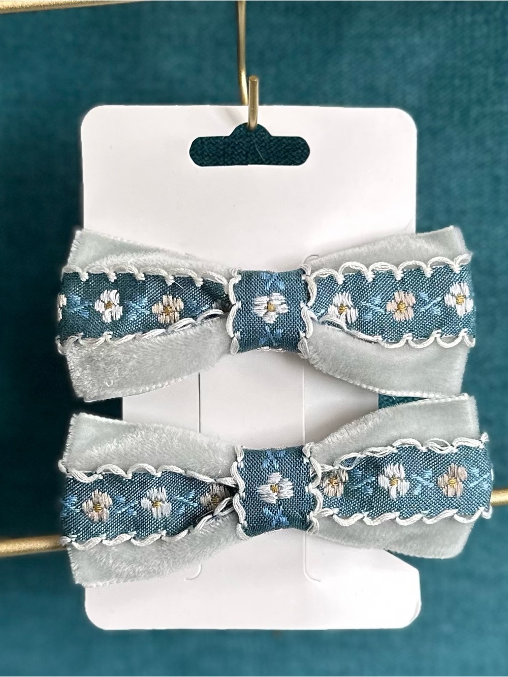 Handmade Blue Floral Velvet Bow Hair Clips